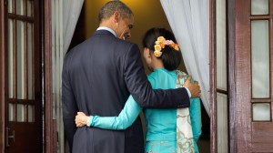 U.S. President Barack Obama and Myanmar's opposition leader Aung San Suu Kyi following the conclusion of their joint news conference